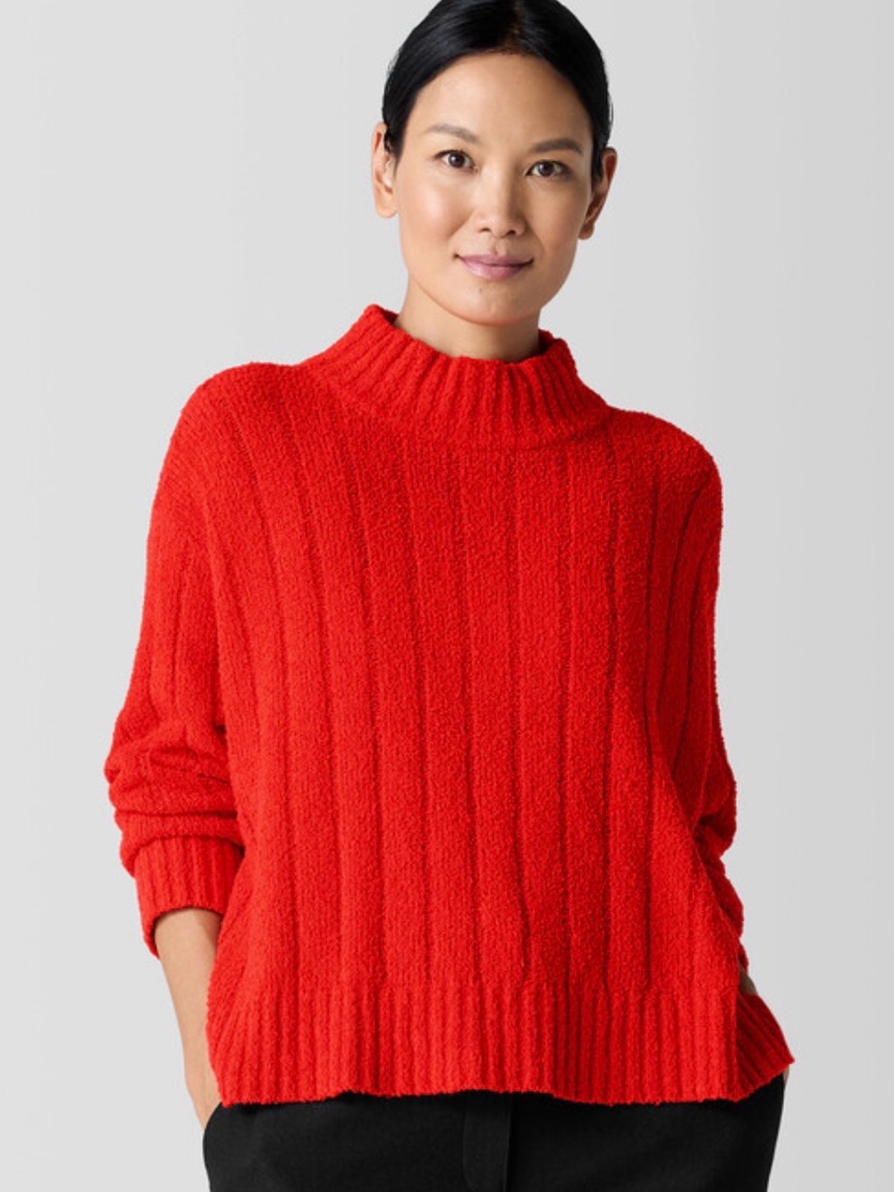 Eileen Fisher Cotton Fluff Rib Turtleneck Top Boxy Fit Red Poppy Medium